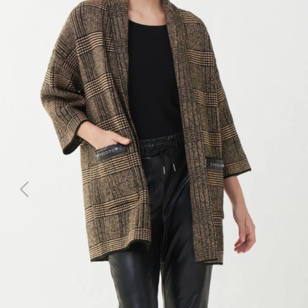 Plaid sweater Joseph ribkoff brown black camel cover up 223942x 3/4 sleeve - Picture 4 of 13